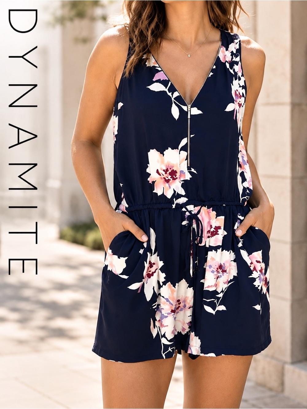 DYNAMITE Navy Floral Zip-Front Romper